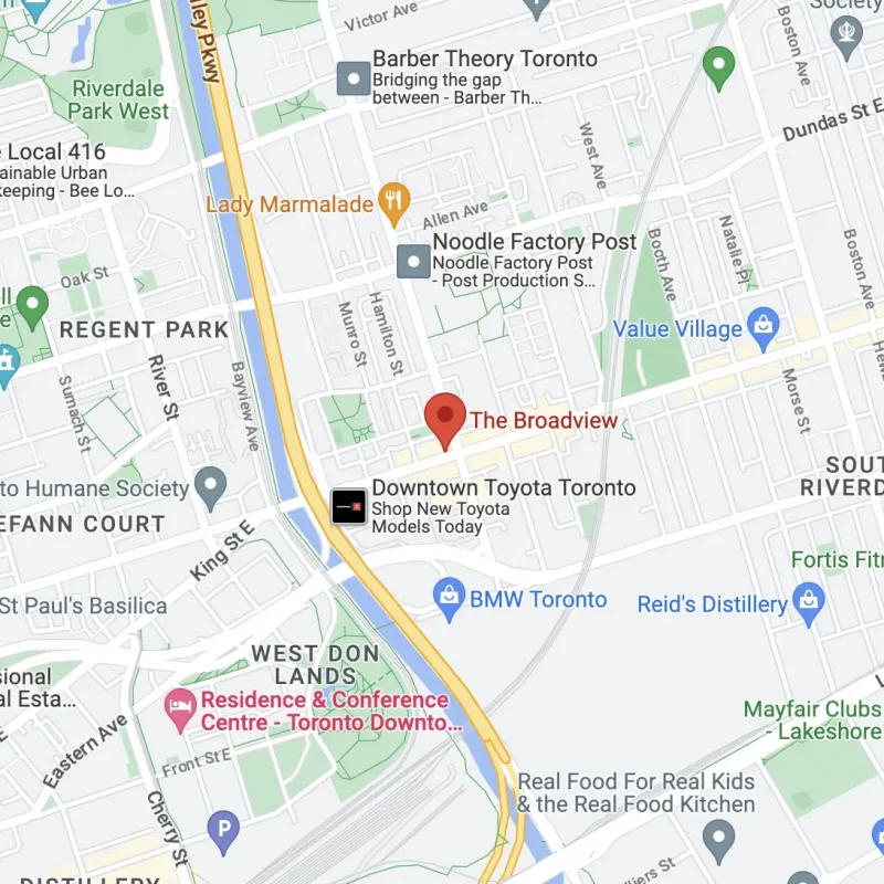 Screenshot of Google Map showing pin with location of The Broadview Hotel
