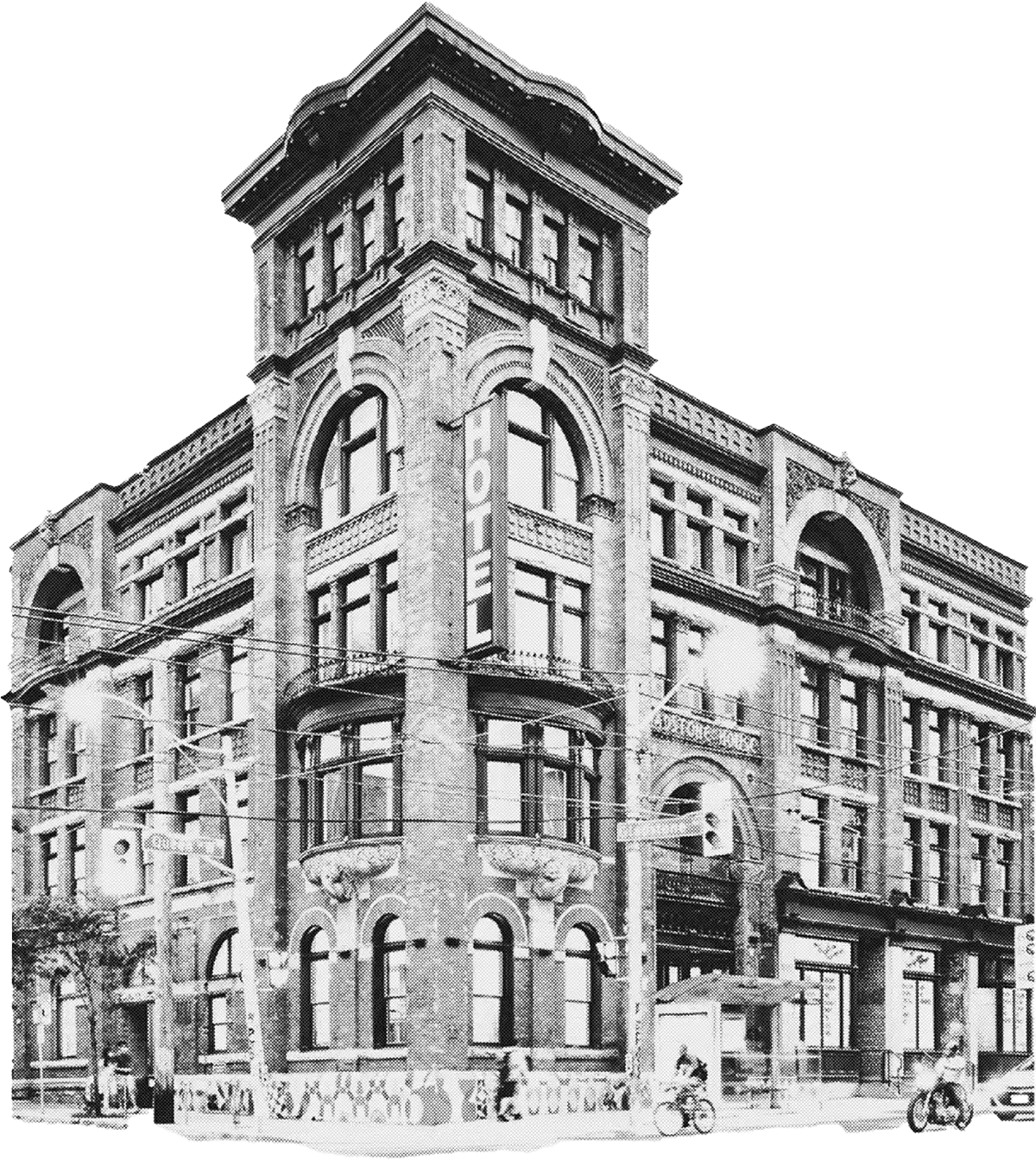 Black & White halftone style photo of Gladstone House building exterior