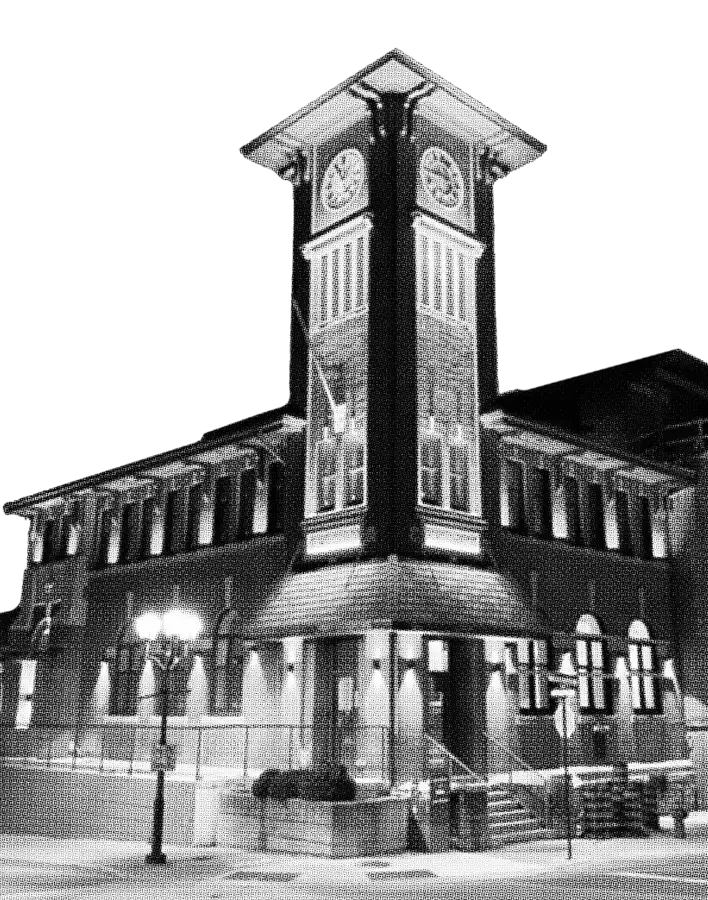 Black & White halftone style photo of The Postmark Hotel building exterior