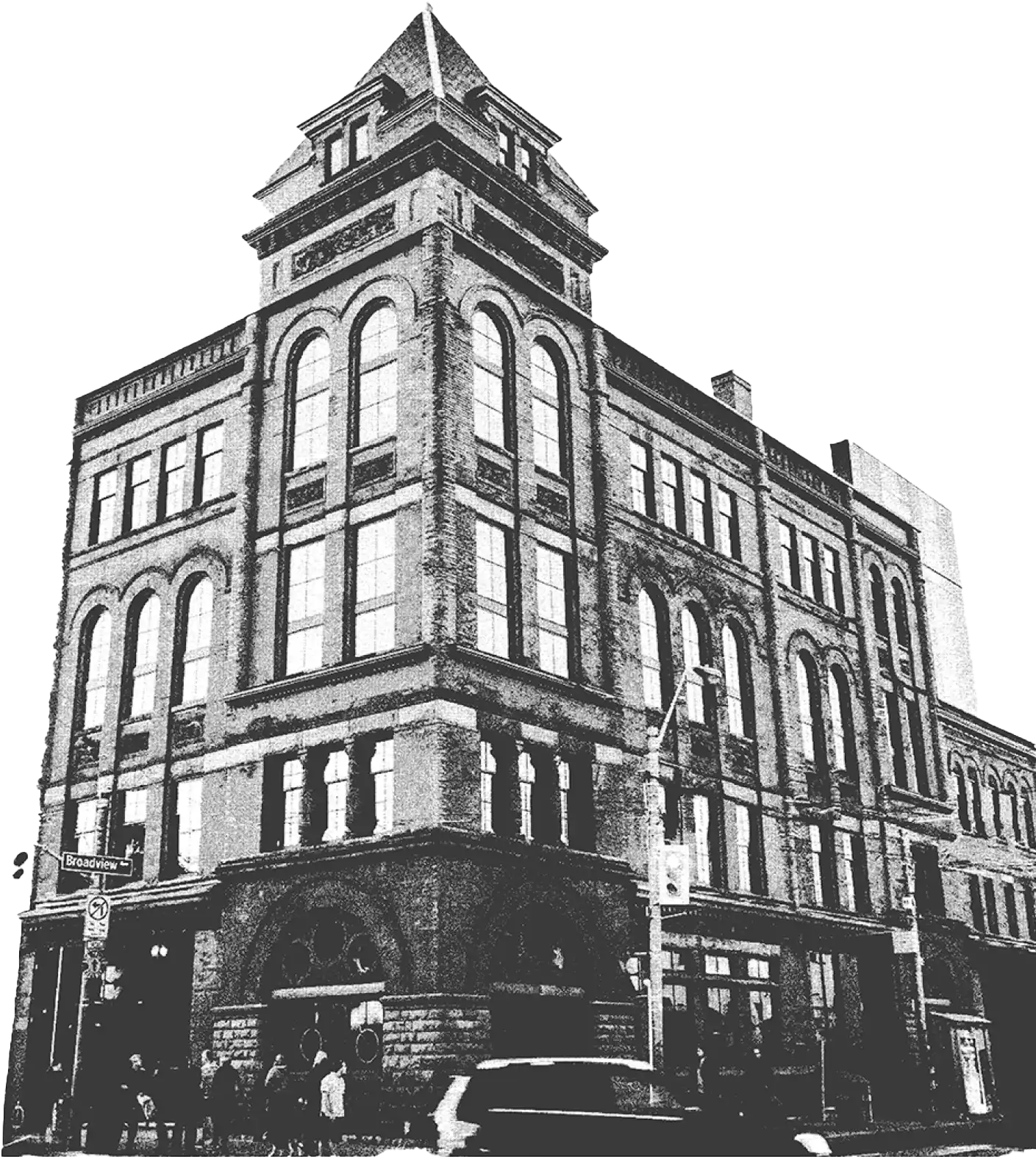Black & White halftone style photo of The Broadview Hotel building exterior